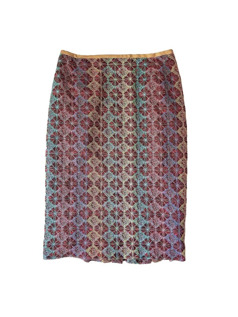 MARIANNE KOOIMANS Multi Color Hand Loomed Silk Pencil Skirt Pleated Back Sz 2